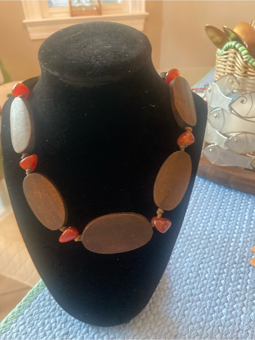 Handcrafted Brown Wood & Red Bead Women's Necklace
